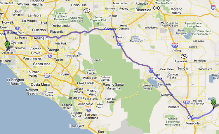 Map from home to Temecula