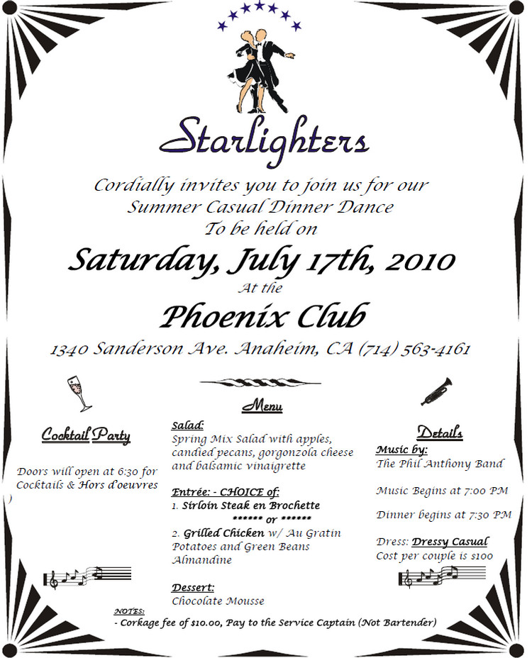 Starlighter's 2010 Summer Casual Dinner Invitation