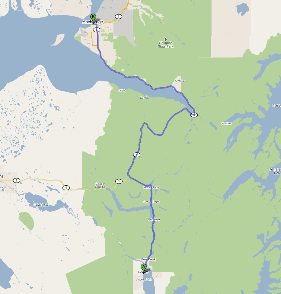 Static map Anchorage to Seward